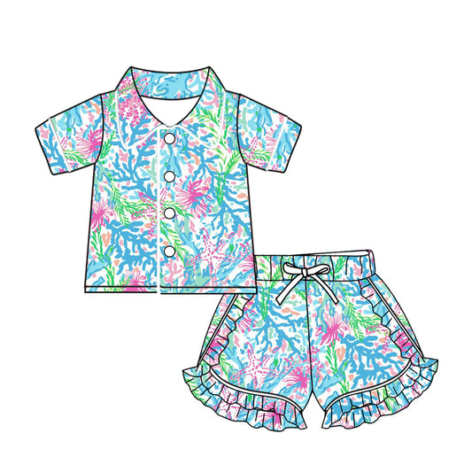 Baby Girl Short Sleeves Buttons Shirt Shorts Colorful Pajamas Set Moq 5