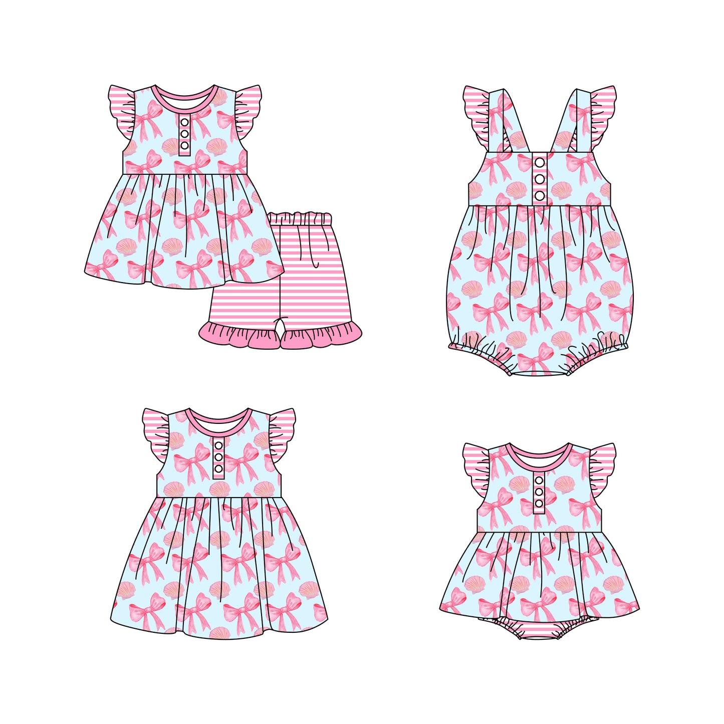 Baby Girl Short Sleeves Bows Sibling Romper Dress Clothes Set ( Moq 5 Each Design )