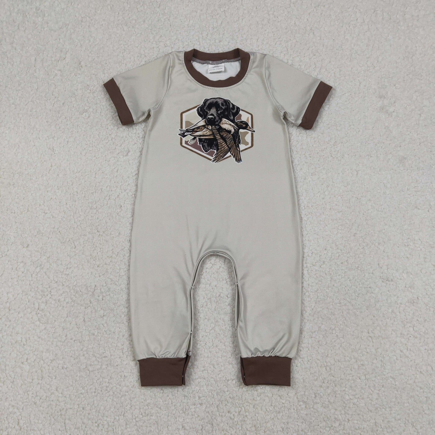 Baby Boys Infant Short Sleeves Ducks Dogs Hunting Buttons Romper RTS