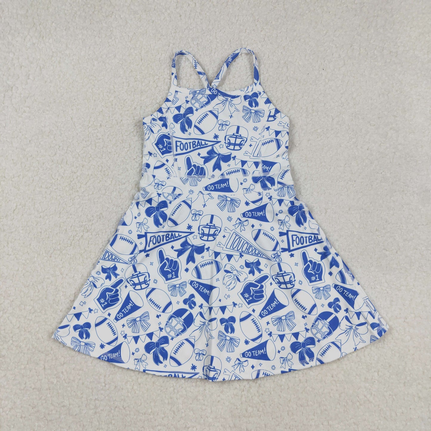 Baby Girl Sleeveless Blue Football Bows Cheer Summer Yoga Active Dress RTS