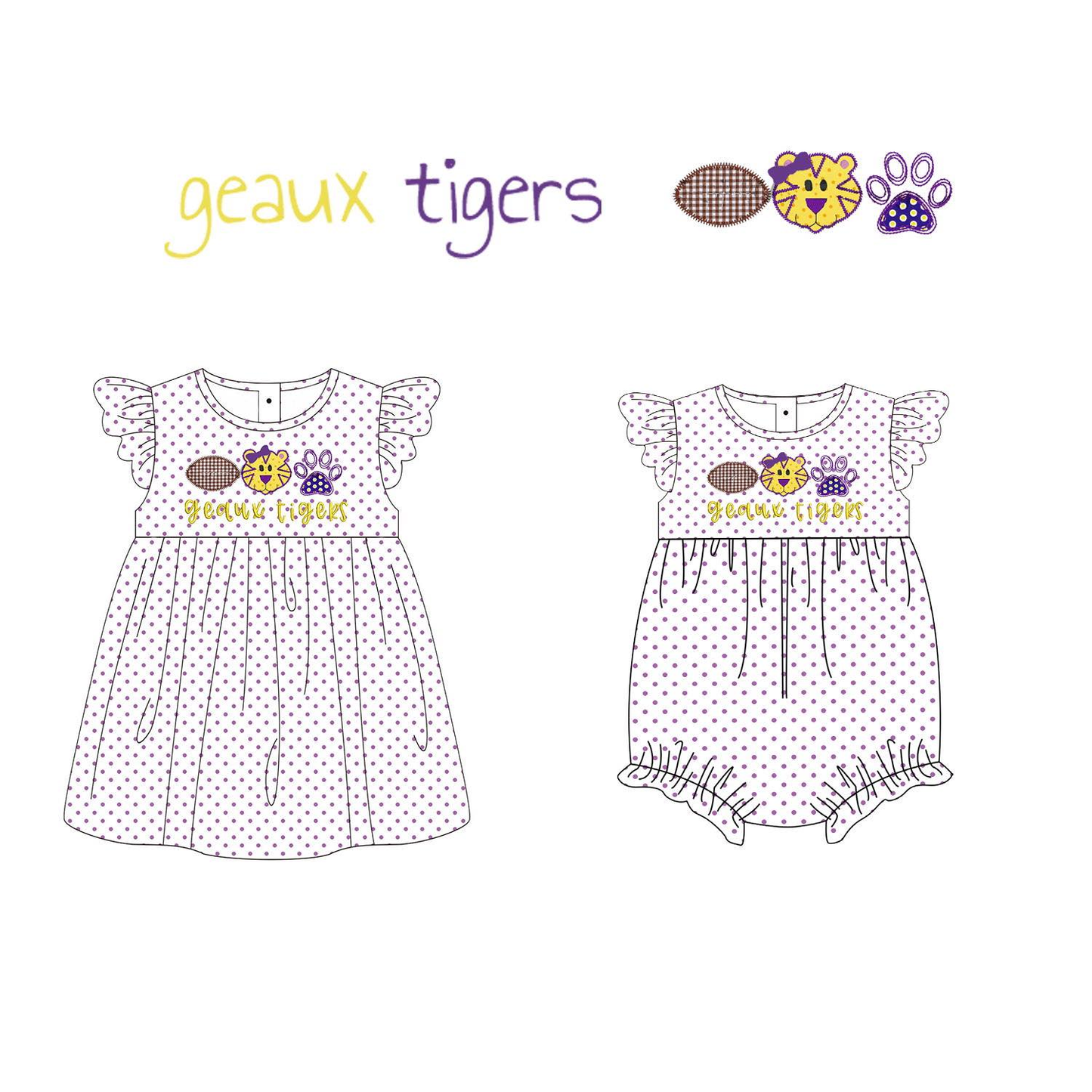 Baby Girl Short Sleeves Tigers Team Sibling Romper Dress ( Moq 5 )