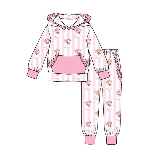 ( Moq 5 ) Preorder Baby Girls Kids Christmas Santa Stripes Hoodie Pullover Ruffle Pockets Pants Set Clothes