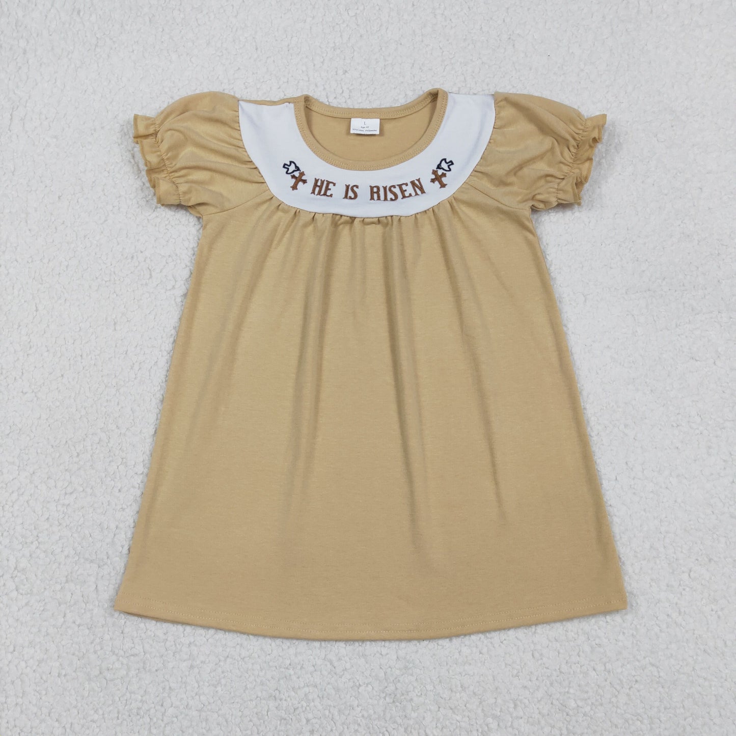 Baby Girls Short Sleeves Embroidery He is Risen Cross Easter Knee Length Dress RTS