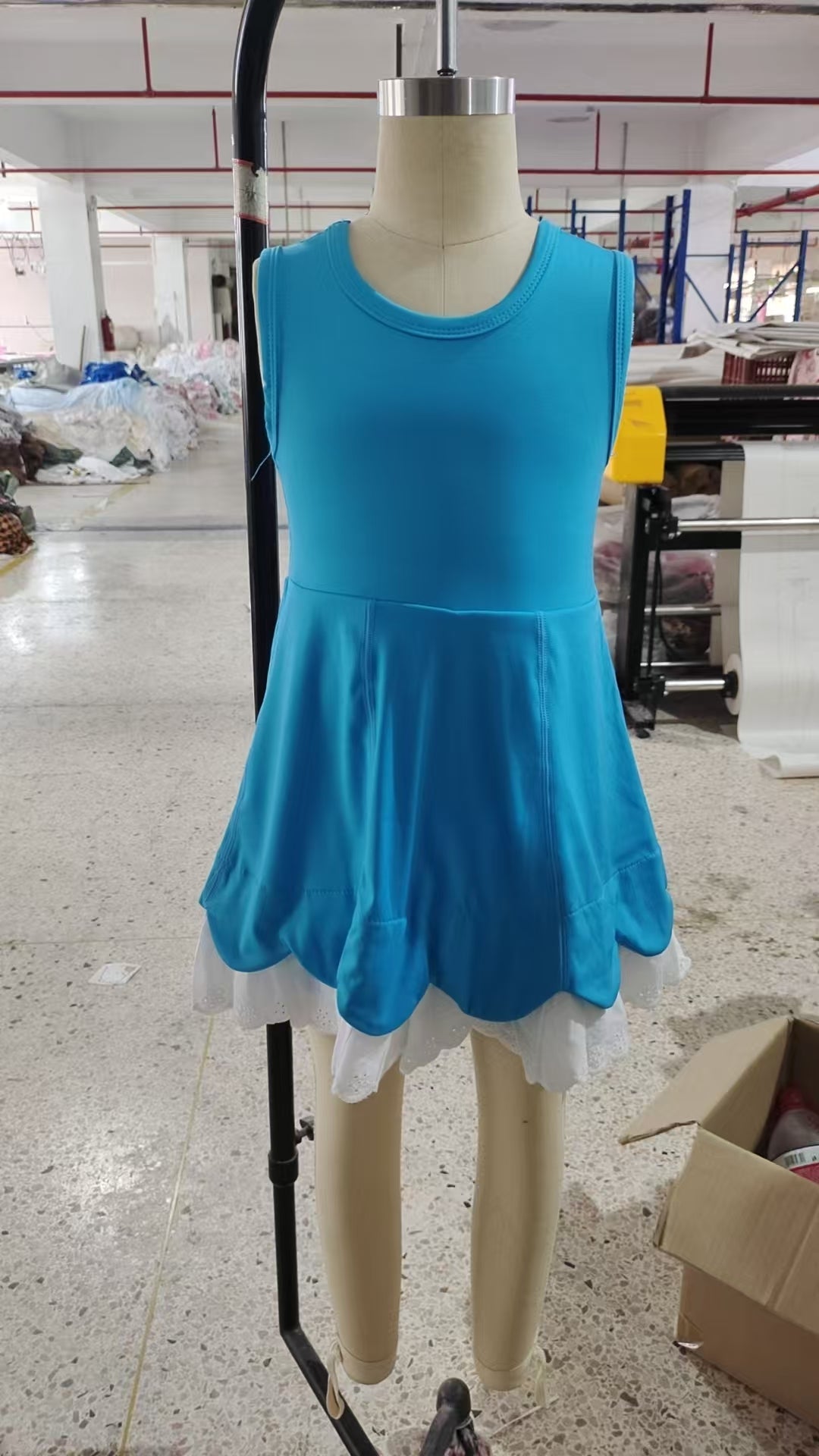 Preorder Baby Girl Sleeveless Yoga Active Lace Ruffle Blue Knee Length Dress（ No moq ）