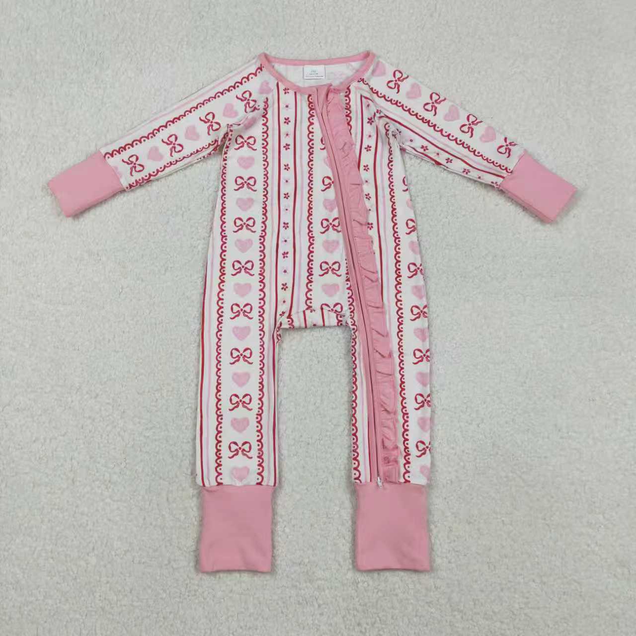 Sibling Baby Girls Kids Hearts Bows Floral Valentine Zipper Romper Pants Pajamas Sets RTS