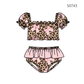 ( Moq 5 ) Preorder Baby Girls Kids Short Sleeves Leopard Bows Tops Ruffle Shorts Set Swimsuit