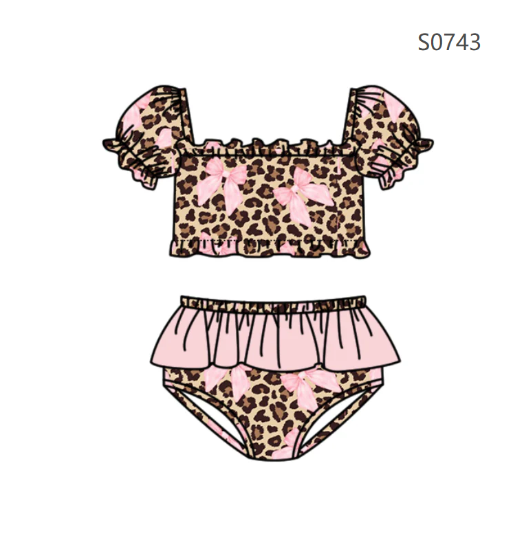 ( Moq 5 ) Preorder Baby Girls Kids Short Sleeves Leopard Bows Tops Ruffle Shorts Set Swimsuit
