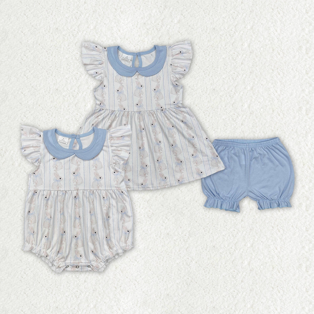 Baby Girl Short Sleeves Easter Rabbits Sibling  Romper Clothes Set RTS