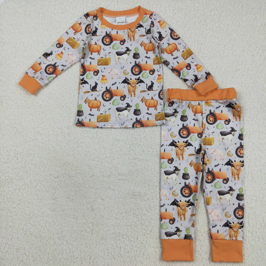 Baby Boy Long Sleeves Halloween Pumpkins Farm Animals Shirt Pants Pajamas Set RTS
