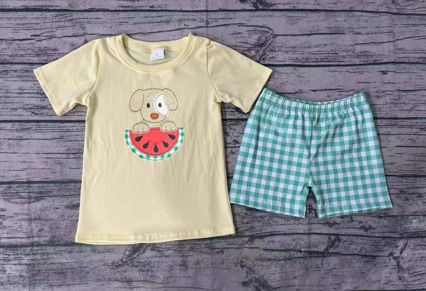 No moq Pre-order BSSO0446 Baby Boy Short Sleeves Dog Watermelon Shirt Plaid Shorts Summer Set