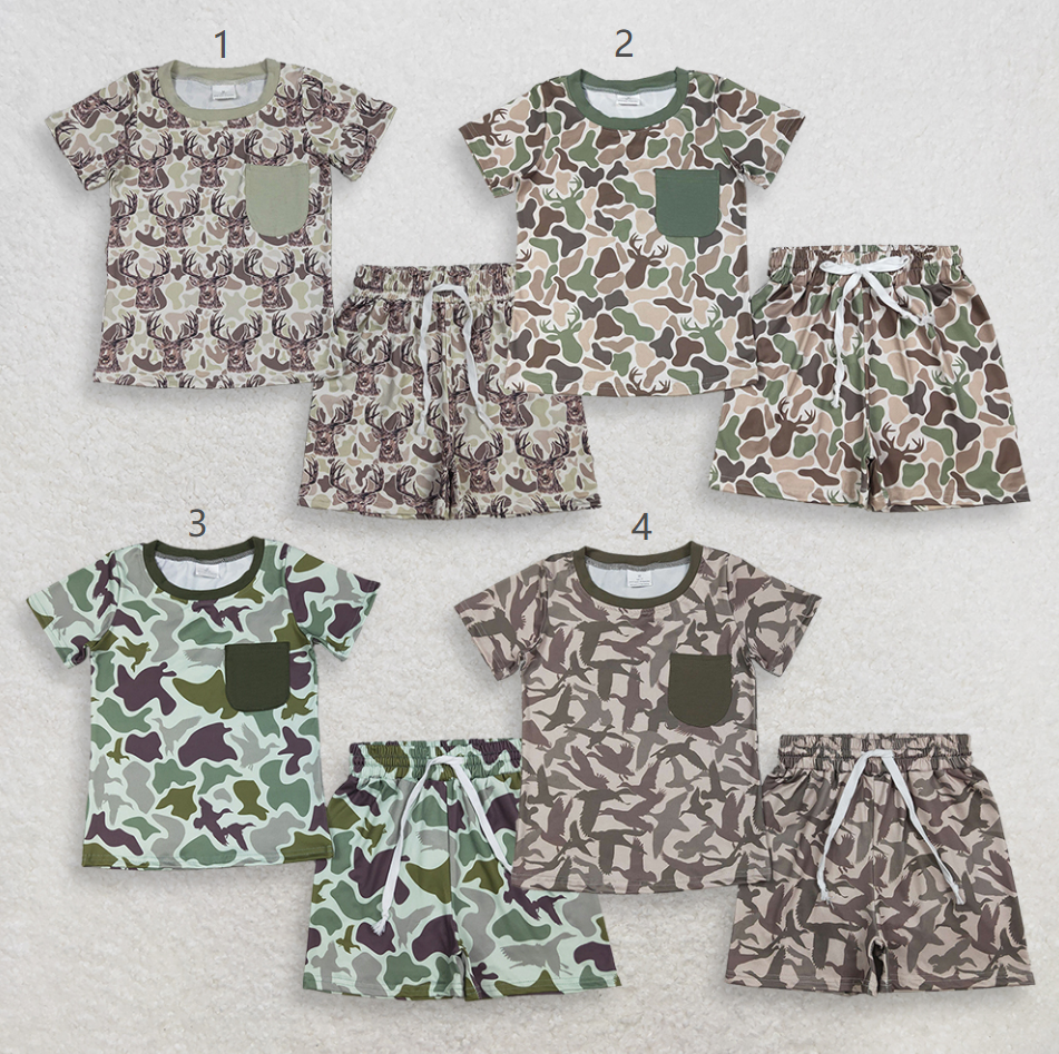 Sibling Baby Boys Kids Short Sleeves Deer Ducks Deer Shirts Camo Pockets Shorts Sets Hunting Clothes RTS