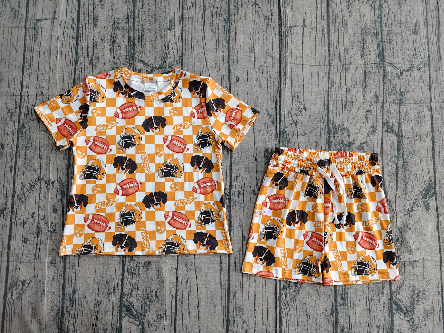 Baby Girls Kids Short Sleeves Dogs Football Orange Checked Shirt Shorts Team Clothes Set