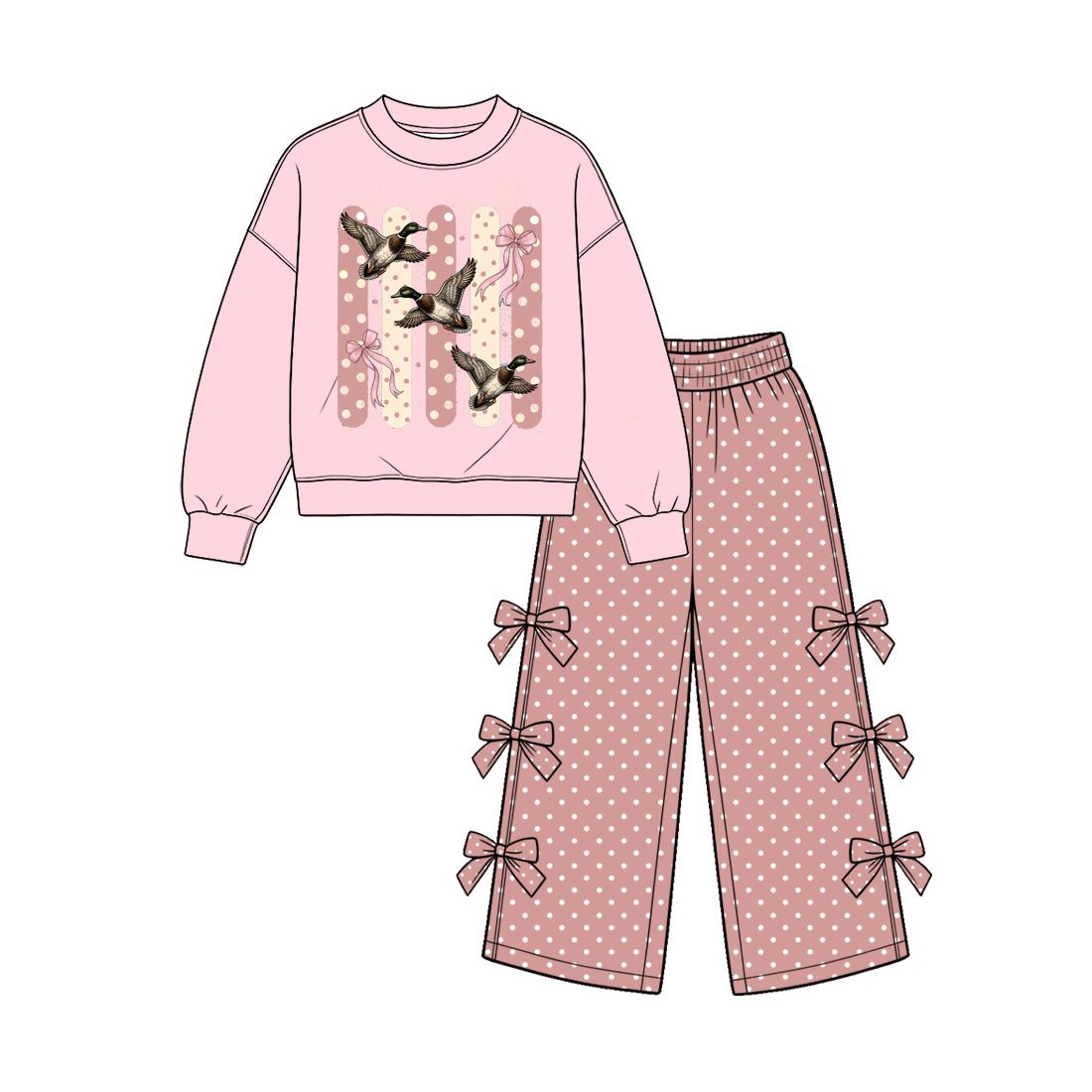 ( Moq 5 ) Preorder Baby Girls Kids Pink Long Sleeves Ducks Shirt Bows Pants Set Clothes