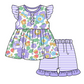 Baby Girl Short Sleeves Flower Purple Sibling Romper Dress Clothes Set ( Moq 5 Each Design )