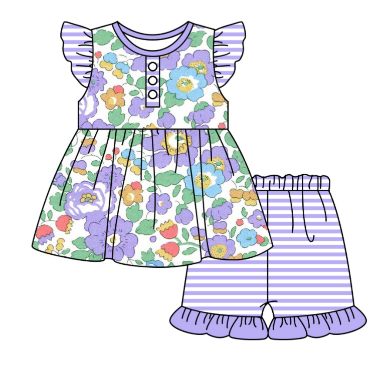 Baby Girl Short Sleeves Flower Purple Sibling Romper Dress Clothes Set ( Moq 5 Each Design )