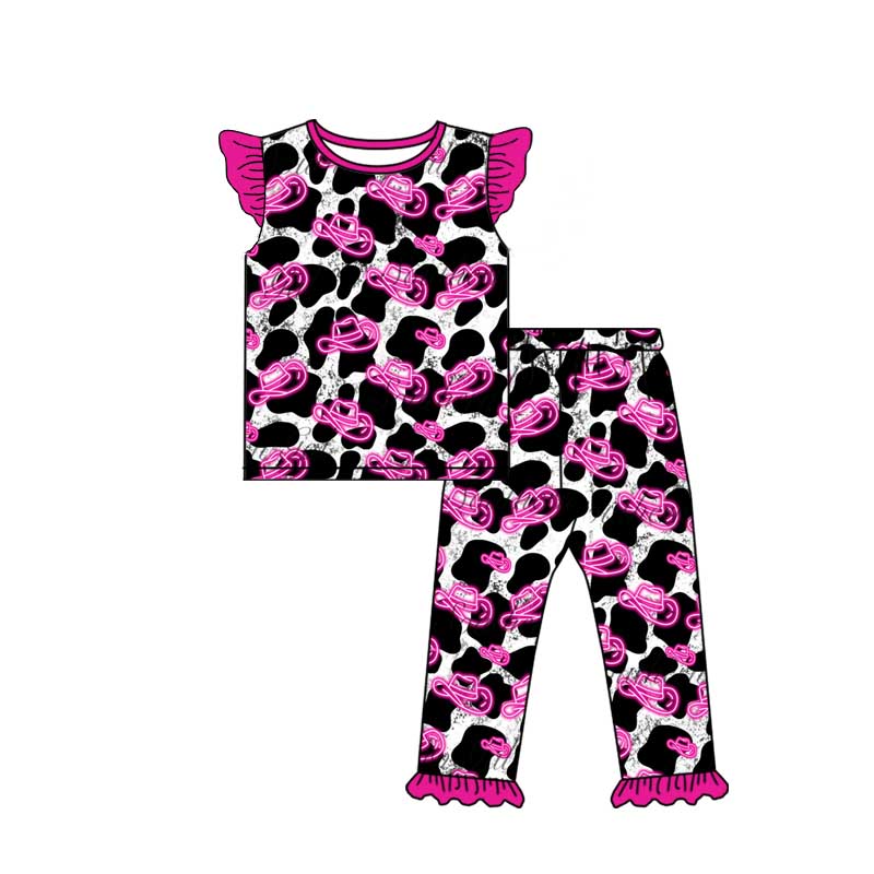 Baby Girl Short Sleeves Hats Shirt Pants Western Cow Print Pajamas Set Moq 5