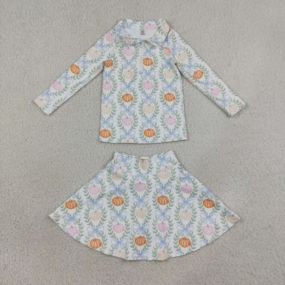 Sibling Baby Girls Kids Long Sleeves Pumpkins Bows Tops Skort Pants Sets Fall Clothes RTS