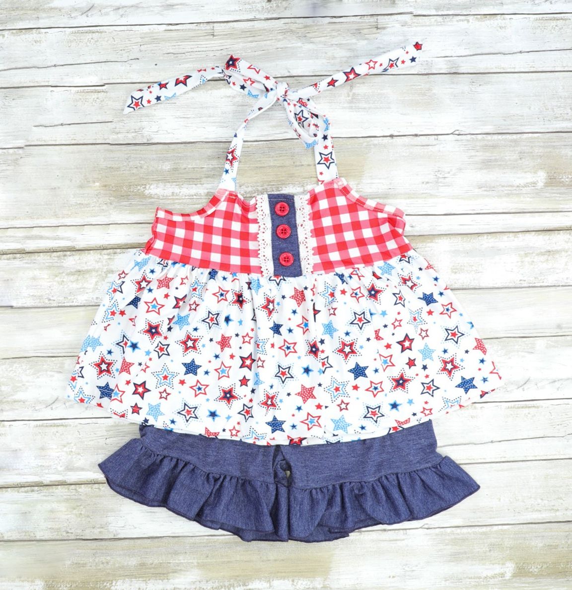 Moq 3 Pre-order BSSO0433 Baby Girl Stars Tops Shorts July 4th Set