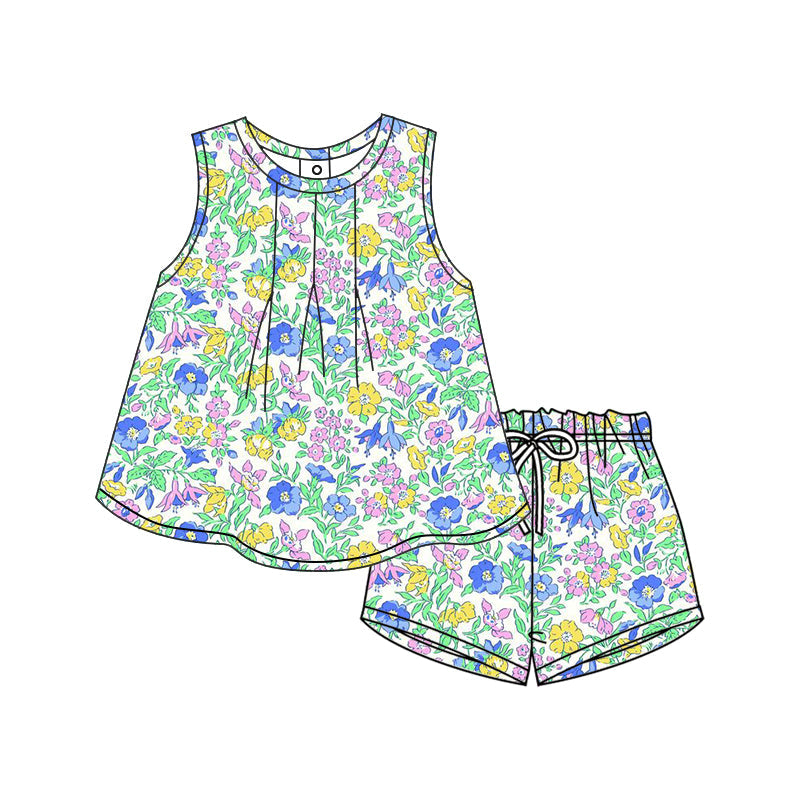 Baby Girl Sleeveless Yellow Purple Flower Tops Shorts Summer Set ( Moq 5 ）12.9