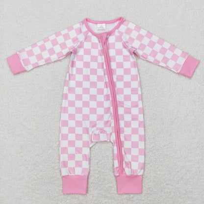 Baby Boy Girl Infant Long Sleeves Checkered Zipper Romper Sibling Clothes