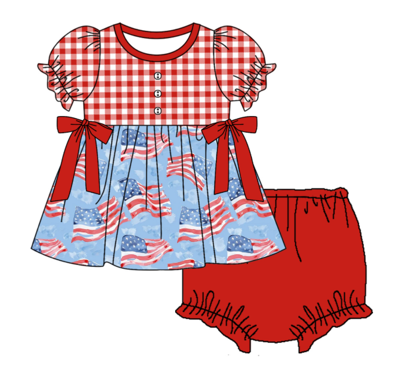 Baby Girl Short Sleeves July 4th Flags Plaid Sibling Romper Dress Clothes Set ( Moq 5 Each Design )11.26