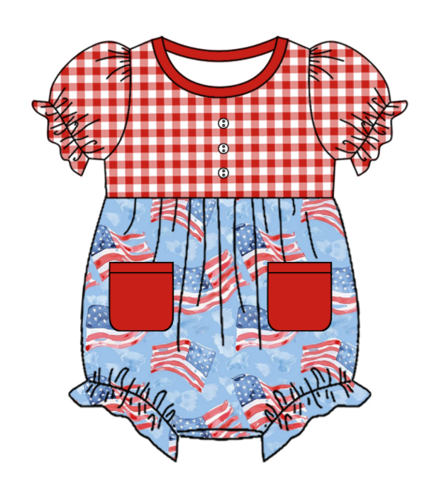 Baby Girl Short Sleeves July 4th Flags Plaid Sibling Romper Dress Clothes Set ( Moq 5 Each Design )11.26