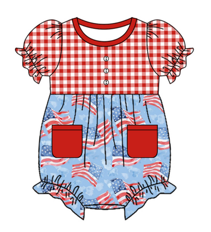Baby Girl Short Sleeves July 4th Flags Plaid Sibling Romper Dress Clothes Set ( Moq 5 Each Design )11.26