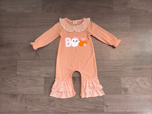 ( No moq ) Preorder Baby Girls Infant Embroidery Ghost Pumpkin Bows Thanksgiving Romper Clothes