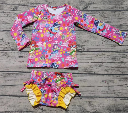 Baby Girl Long Sleeves Dogs Shirt Shorts Swimsuit Set ( Moq 5 )
