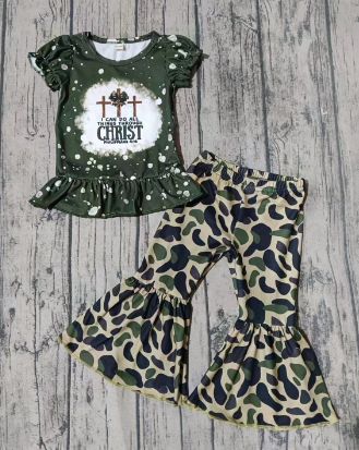 Baby Girl Short Sleeves Shirt Camo Bell Pants Green Set（ Moq 5 ）