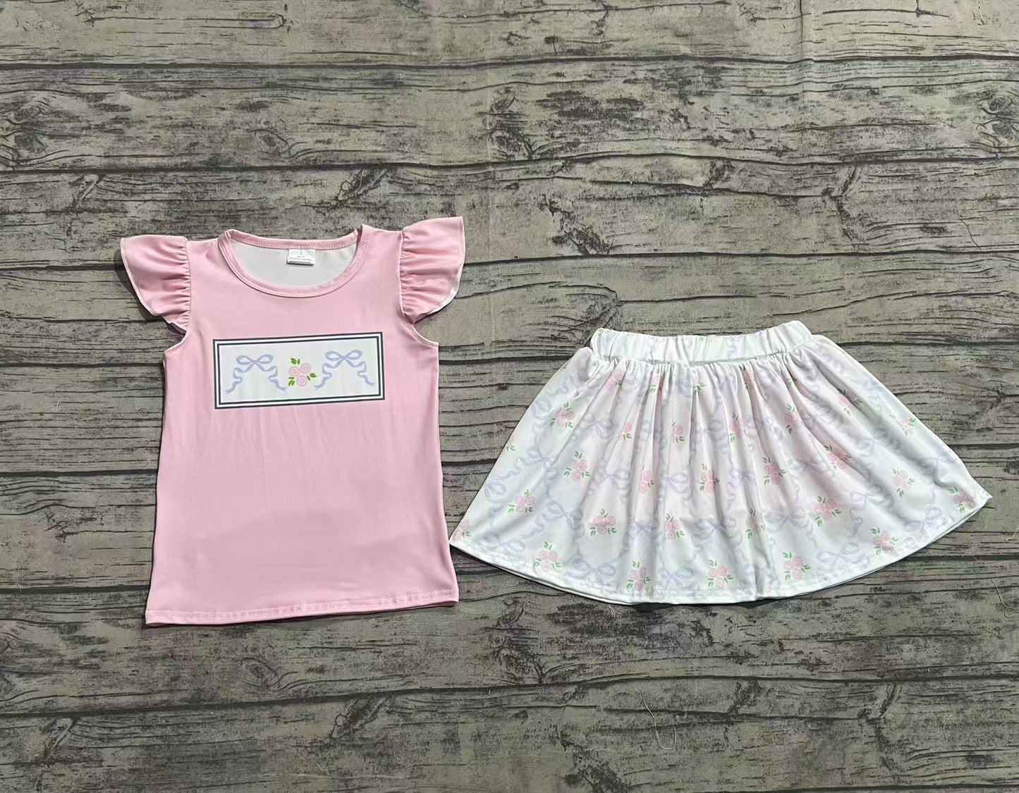 Baby Girl Short Sleeves Flower Bows Pink Shirt Skirt Shorts Skort Clothes Set RTS