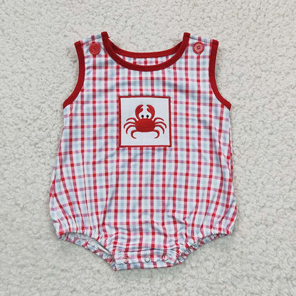 Sibling Baby Boys Kids Embroidery Crabs Plaid Romper Summer Clothes RTS