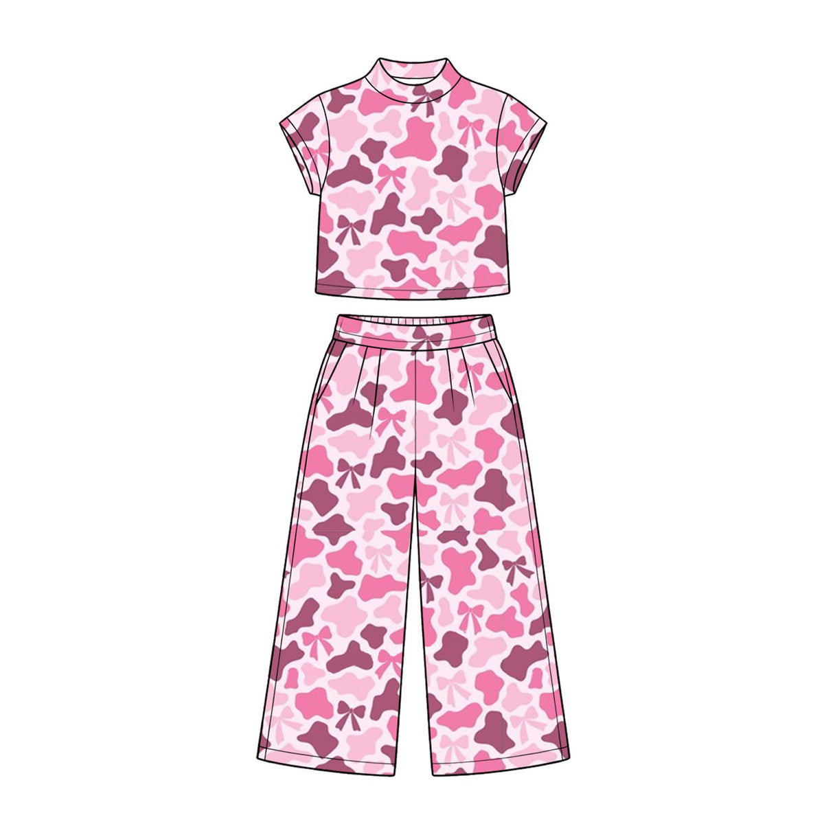 ( Moq 5 ) Preorder Baby Girls Kids Short Sleeves Pink Bows Camo Shirt Pockets Pants Set Clothes