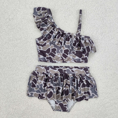 Sibling Baby Girl Adult Women Dark Grey Camo Sibling Family Trunks Mommy and Me Swimsuit RTS