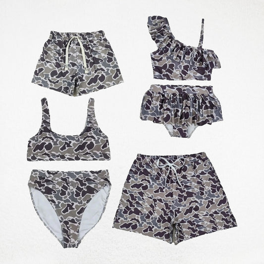 Baby Boy Girl Adult Dark Grey Camo Sibling Family Trunks Swimsuit RTS