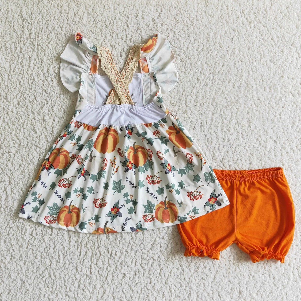 Baby Girl Short Sleeves Embroidery Pumpkins Flower Pockets Sibling Dress Outfit Clothes RTS