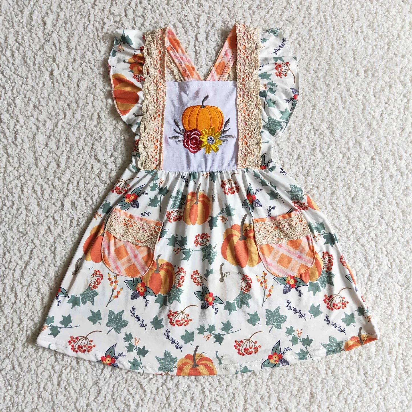 Baby Girl Short Sleeves Embroidery Pumpkins Flower Pockets Sibling Dress Outfit Clothes RTS