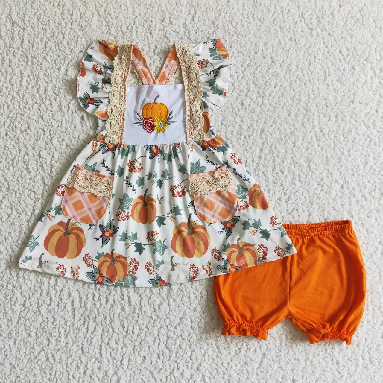 Baby Girl Short Sleeves Embroidery Pumpkins Flower Pockets Sibling Dress Outfit Clothes RTS