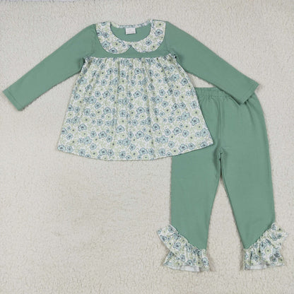 Baby Girl Toddler Green Long Sleeves Flower Sibling Ruffle Romper Dress Set RTS