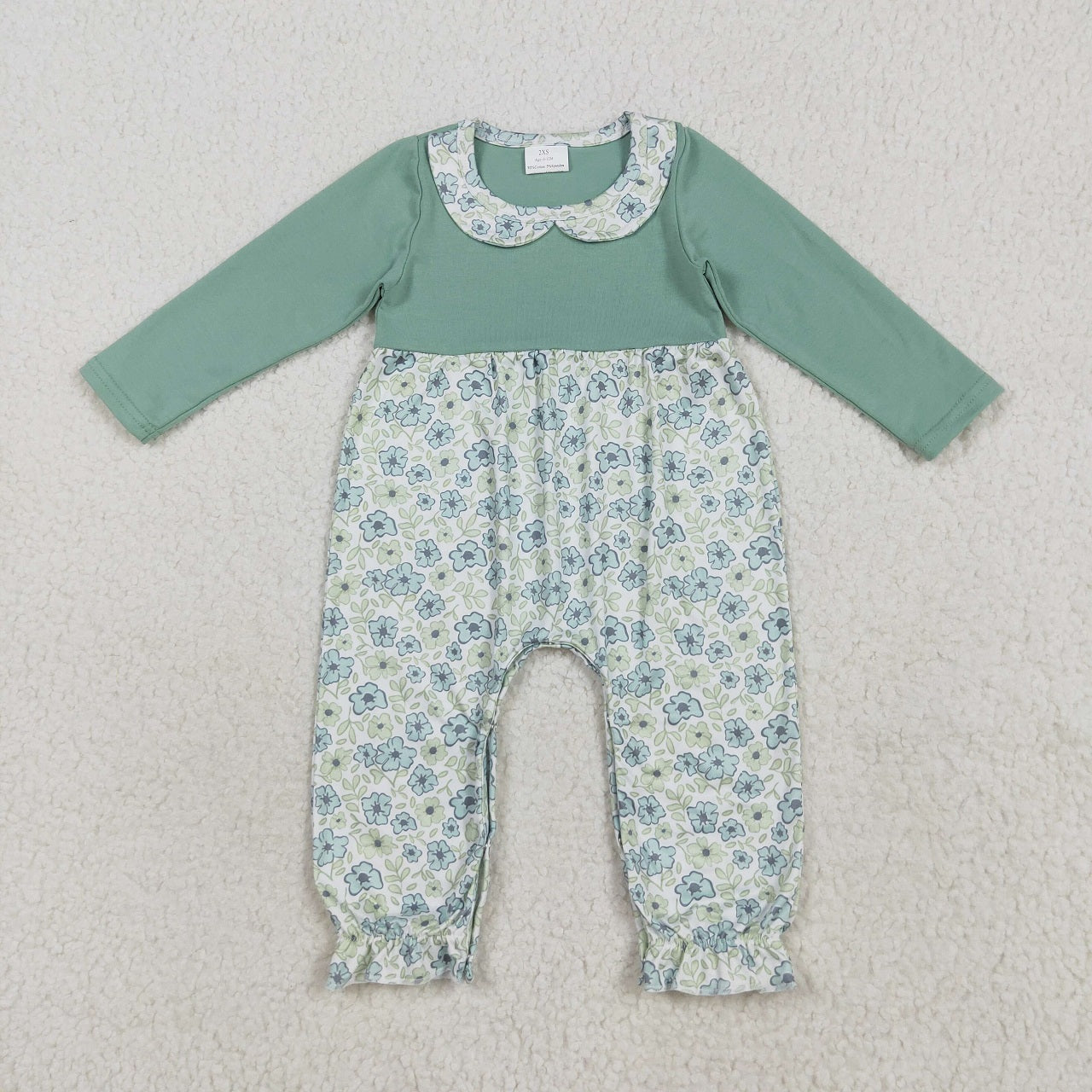 Baby Girl Toddler Green Long Sleeves Flower Sibling Ruffle Romper Dress Set RTS