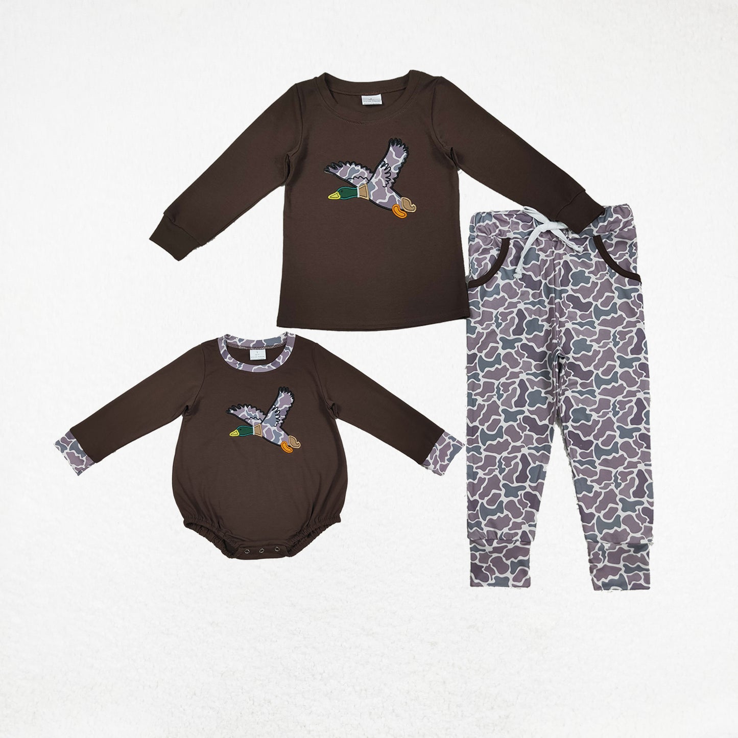 Baby Boy Long Sleeves Embroidery Camo Ducks Sibling Brown Romper Outfit Clothes RTS