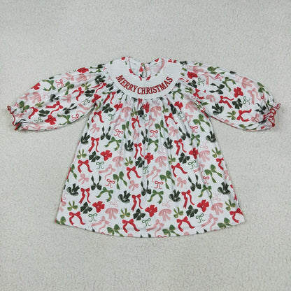 Baby Girl Long Sleeves Embroidery Merry Christmas Bows Sibling Smocked Romper Dress RTS
