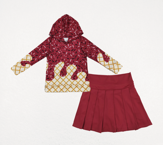 Baby Girl Long Sleeves Drips Hoodie Shirt Red Yoga Active Skort Team Set RTS