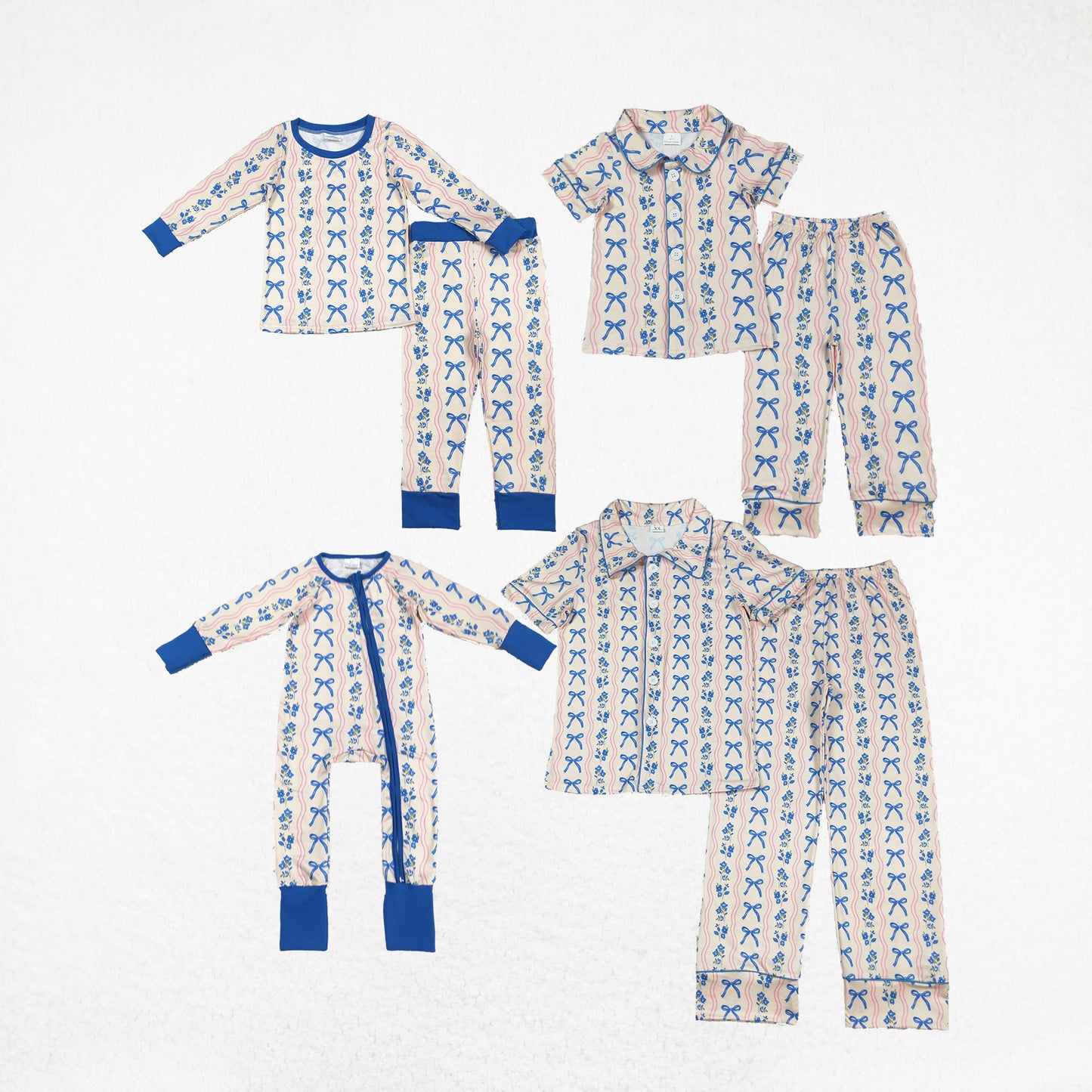 Baby Girl Adult Women Blue Bows Flower Romper Pajamas Set Sibling Family Mommy And Me Clothes RTS