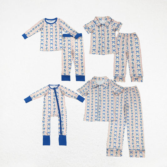 Baby Girl Adult Women Blue Bows Flower Romper Pajamas Set Sibling Family Mommy And Me Clothes RTS