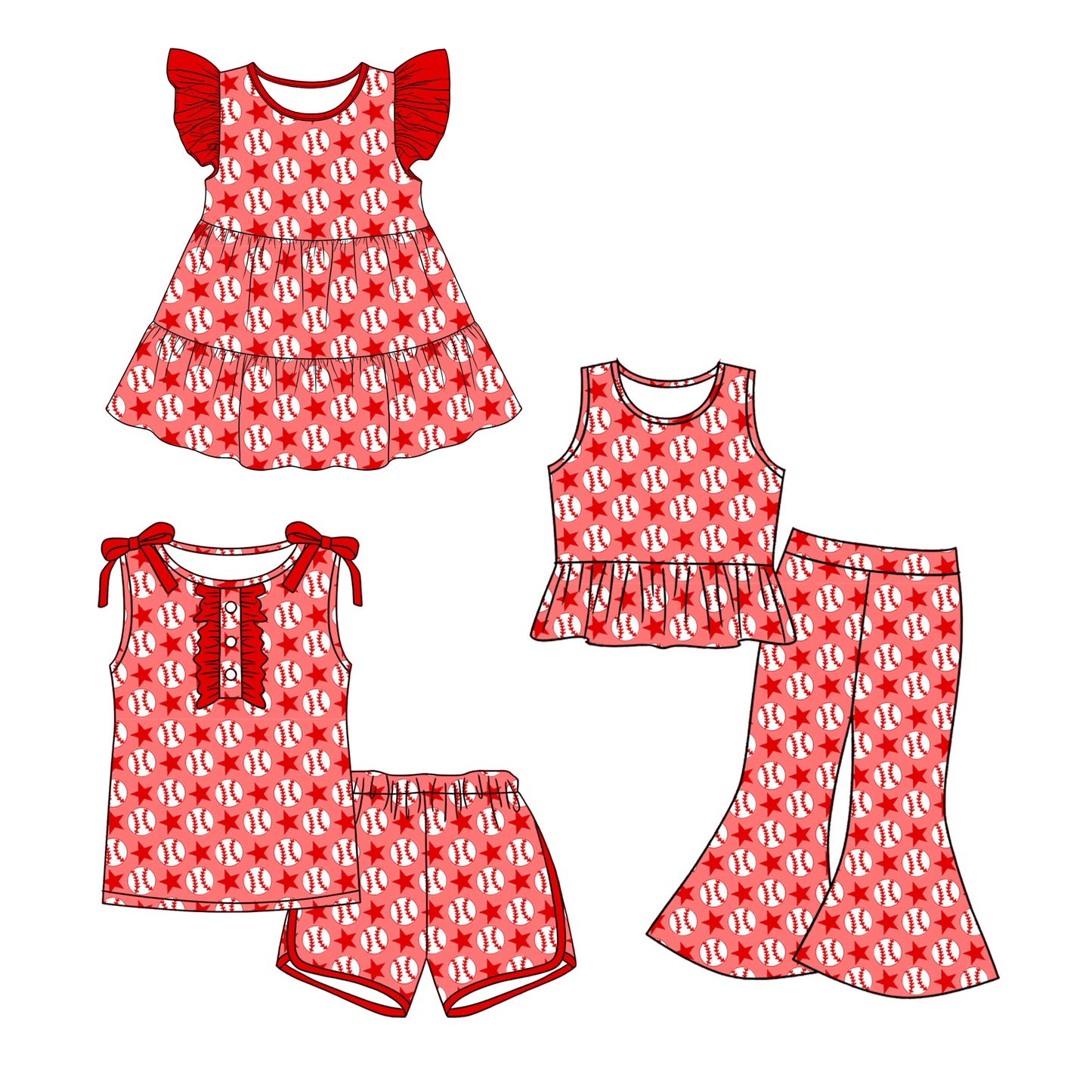 ( Moq 5 Each Style ) Sibling Baby Girls Toddler Baseball Stars Red Dress Sets