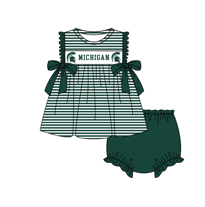 ( Moq 5 ) Baby Girls Toddler Green Stripes Bows Tops Bummie Shorts Team Set