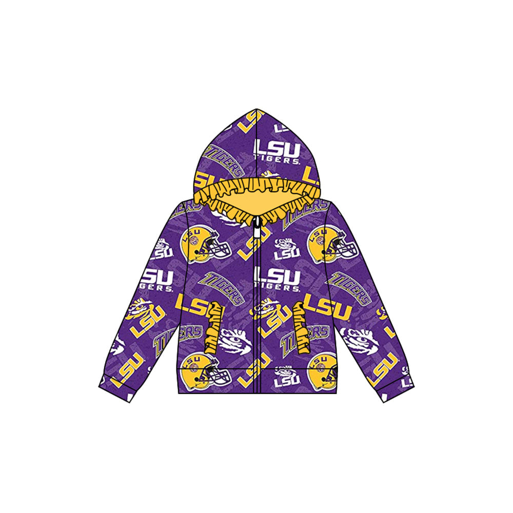 Baby Girl Long Sleeves Tiger Team Ruffle Hooded Zipper Pocket Purple Coat Shirt Tops Moq 5