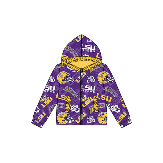 Baby Girl Long Sleeves Tiger Team Ruffle Hooded Zipper Pocket Purple Coat Shirt Tops Moq 5