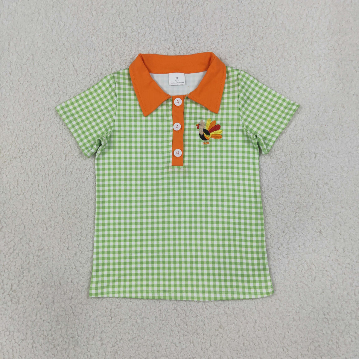 Baby Boys Embroidery turkey Green Plaid Buttons Shirt Kids Thanksgiving Clothes RTS